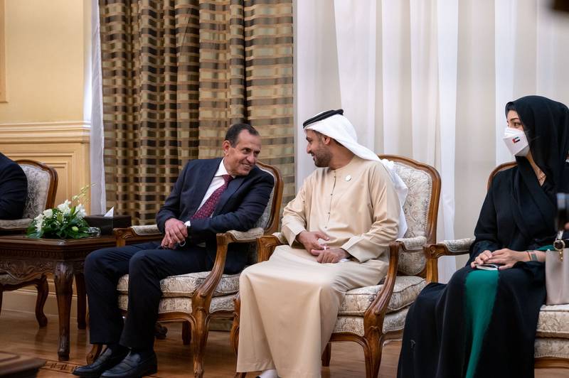 Sheikh Mohamed bin Zayed, Crown Prince of Abu Dhabi and Deputy Supreme Commander of the Armed Forces, speaks with an official. Wam