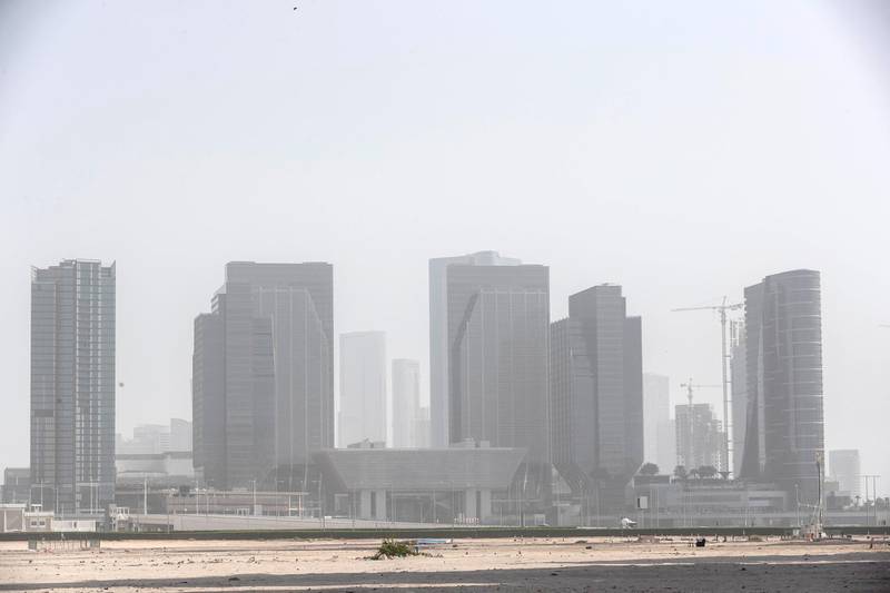 DUBAI, UNITED ARAB EMIRATES. 05 JANUARY 2020. Hazy and dusty weather building over the Abu Dhabi skyline on Al Maryah Island. (Photo: Antonie Robertson/The National) Journalist: None. Section: National.