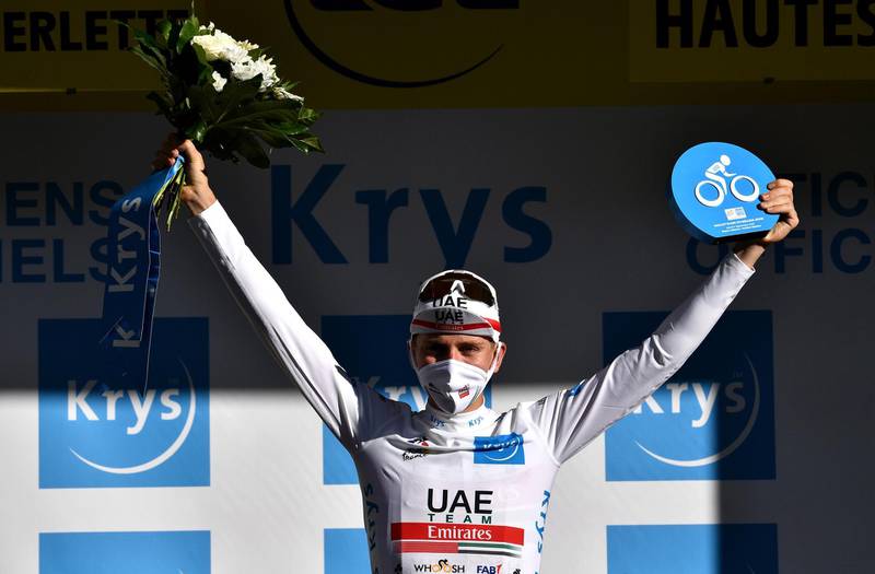 UAE Team Emirates Solvenian rider Tadej Pogacar wearing the white jersey for best young rider after the race. Reuters