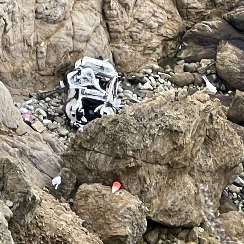 The wrecked Tesla after being plunged off a dangerous cliff along the Pacific Coast Highway in California. San Mateo County Sheriff's Office / AP