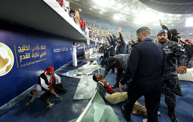 An injured fan awaits treatment after a glass barrier broke at the end of the  Gulf Cup of Nations Final match between Oman and UAE at Jaber Al-Ahmad International Stadium, Kuwait City, Kuwait, 05 January 2018. Noufal Ibrahim / EPA