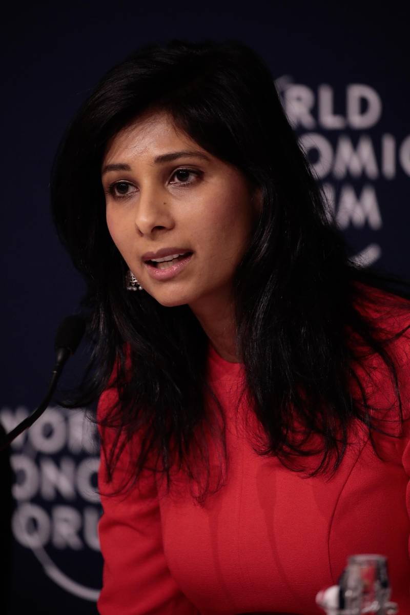 Gita Gopinath, chief economist at the International Monetary Fund (IMF), speaks during a news conference ahead of the World Economic Forum (WEF) in Davos, Switzerland, on Monday, Jan. 20, 2020. World leaders, influential executives, bankers and policy makers attend the 50th annual meeting of the World Economic Forum in Davos from Jan. 21 - 24. Photographer: Jason Alden/Bloomberg