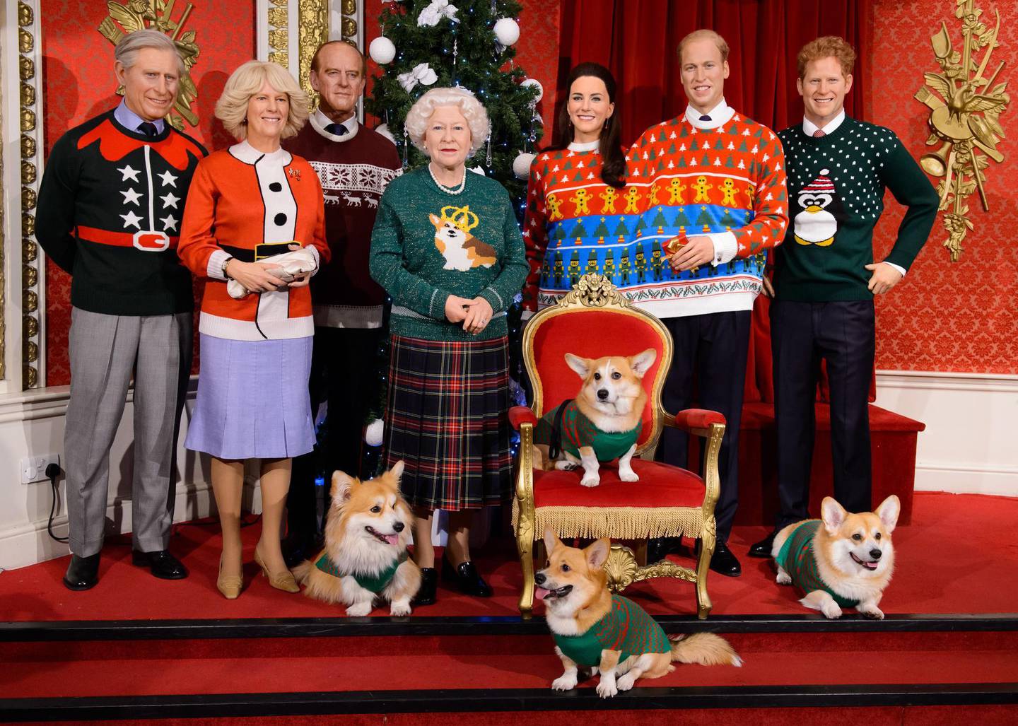 Mandatory Credit: Photo by Jonathan Hordle/Shutterstock (7547098m)The Queen's favourite companions, four real corgis, don their own Christmas jumpers to help Save The Children's Christmas Jumper Day on 16th December.Madame Tussauds London's Royal family don Christmas jumpers to support Save the Children, London, UK - 06 Dec 2016