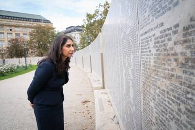 Ms Braverman at the Shoah Wall in November in Ostarrichi Park in Vienna that carries the names of 65,000 Jews from Austria who died in the Holocaust. PA