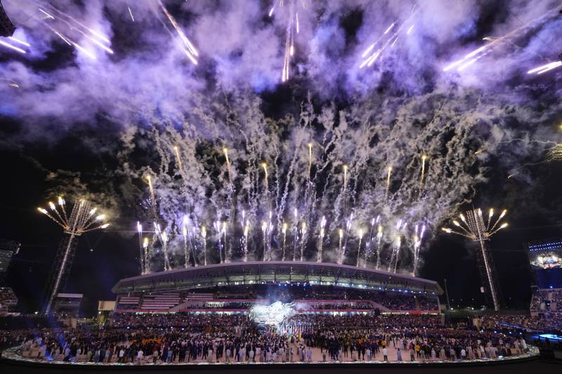 Fireworks explode during the Opening Ceremony at Alexander Stadium on July 28.  AP