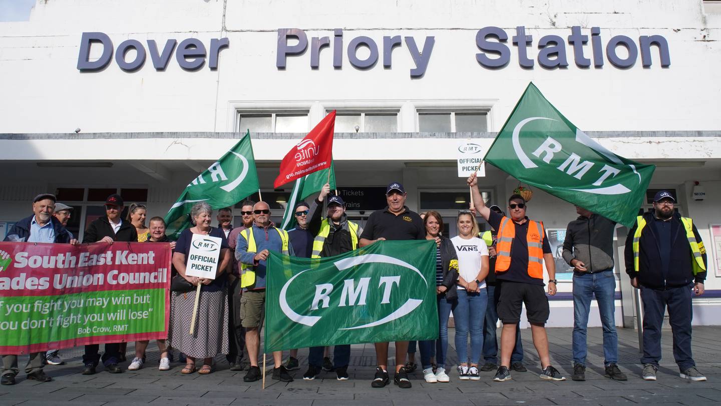 The picket line outside Dover Priory Station, in Kent, south-east England, as members of the RMT union begin their nationwide strike. PA