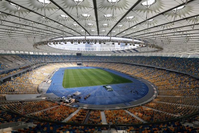 Inside the NSC Olimpiyskiy Stadium in Kiev, on May 14, 2018, ahead of the 2018 UEFA Champions League Final football match between Liverpool and Real Madrid. Efrem Lukatsky / AP Photo