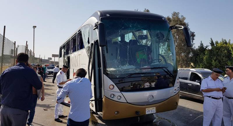 A damaged bus is seen at the site of a blast near a new museum being built close to the Giza pyramids in Cairo, Egypt. All photos by Reuters