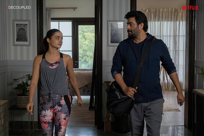 R Madhavan and Surveen Chawla in 'Decoupled'. Courtesy Netflix