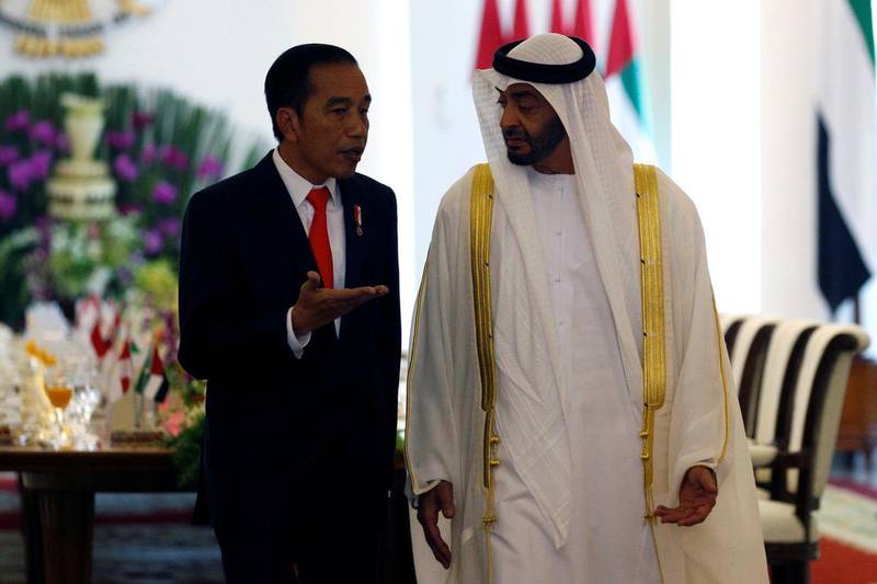 Sheikh Mohamed bin Zayed, Crown Prince of Abu Dhabi and Deputy Supreme Commander of the Armed Forces with Indonesia's President Joko Widodo during a meeting at the presidential palace in Bogor, Indonesia​​​​​​​ in 2019. Reuters​​​​​​​