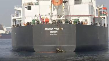 Video footage shows some damage to the Norwegian flagged Andrea Victory. Courtesy Sky News Arabia