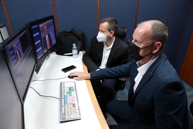 Pedro Correia and Graham Clews in the editing room at Dubai Media Inc HQ in Dubai. Pawan Singh / The National 