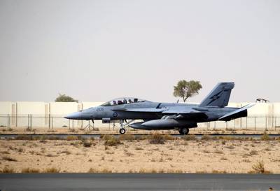 A Royal Australian Air Force F/A-18F Super Hornet taxiing down the runway after flying from Australia, at Al Minhad Air Base in Dubai.  EPA