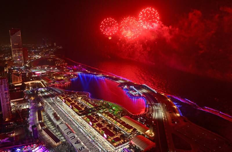 Fireworks during the F1 Grand Prix of Saudi Arabia at the Jeddah Corniche Circuit. There will be regular firework displays during Jeddah Season. Getty