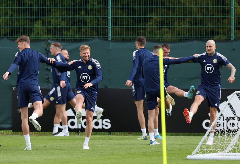Scotland's Stuart Armstrong and Lyndon Dykes during training. Reuters