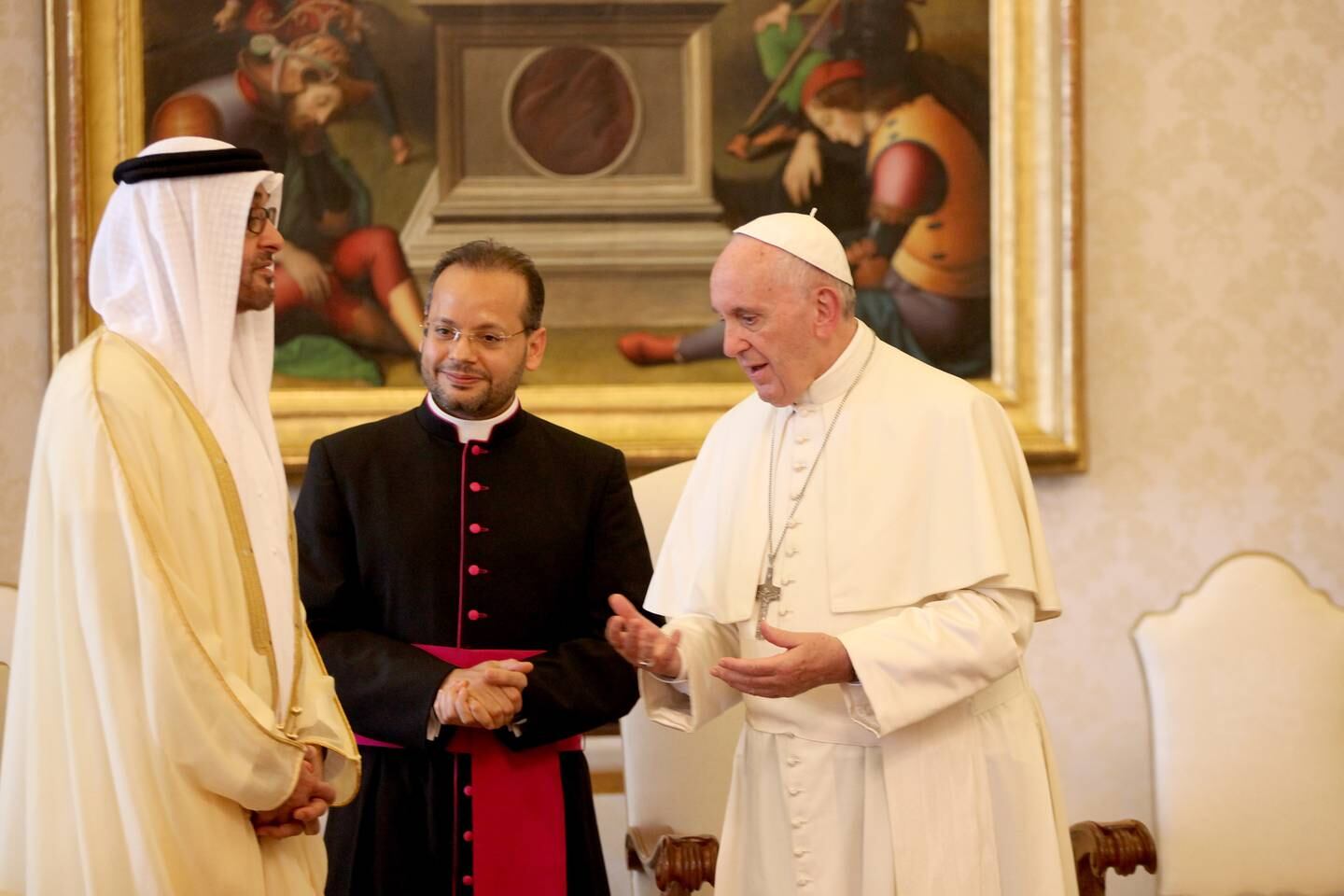VATICAN CITY, VATICAN - SEPTEMBER 15:  Pope Francis meets Sheikh Mohamed bin Zayed Al Nahyan, Crown Prince of Abu Dhabi and Deputy Supreme Commander of the UAE Armed Forces, at the Apostolic Palace on September 15, 2016 in Vatican City, Vatican.  Sheikh Mohamed and Pope Francis  discussed bilateral ties between the UAE and the Vatican and ways of developing them, as well as review joint cooperation efforts in promoting tolerance, dialogue and coexistence, values held by all religions, as part of efforts to achieve security, peace and stability in the region and the world.  (Photo by Franco Origlia/Getty Images)