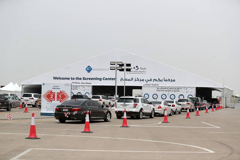 Abu Dhabi, United Arab Emirates - Reporter: Haneen Dajani: The new screening drive through for COVID-19 in Al Bahyah. Sunday, April 12th, 2020. Al Bahyah, Abu Dhabi. Chris Whiteoak / The National