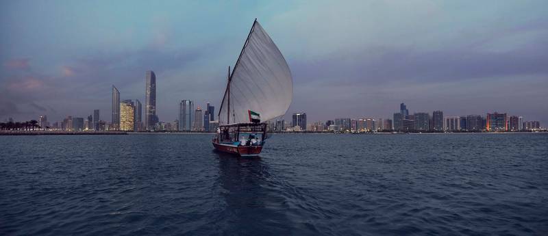 A dhow at sea off Abu Dhabi's Corniche. Blue Week will celebrate the UAE's maritime traditions. Courtesy DCT