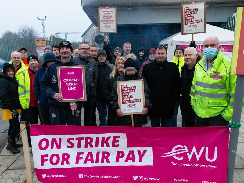 Royal Mail workers strike in Leeds. EPA