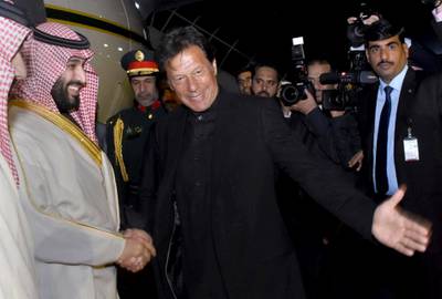 Imran Khan greets Mohammed bin Salman. AP Photo