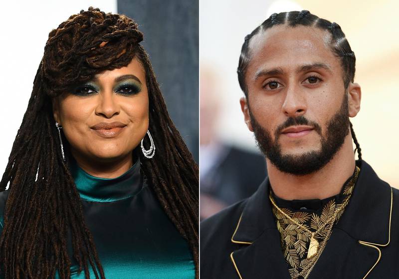 In this combination photo, filmmaker Ava DuVernay appears at the Vanity Fair Oscar Party in Beverly Hills, Calif. on Feb. 9, 2020, left, and Colin Kaepernick attends The Metropolitan Museum of Art's Costume Institute benefit gala in New York on May 6, 2019. Kaepernick is joining with Emmy-winning filmmaker DuVernay on a Netflix miniseries about the teenage roots of the former NFL playerâ€™s activism. Neftlix says the limited series, titled â€œColin in Black & White,â€ will examine Kaepernickâ€™s high school years. (AP Photo)