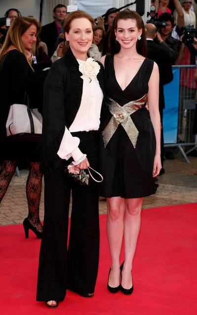 DEAUVILLE, FRANCE - SEPTEMBER 09:  Actresses Meryl Streep (L) and Anne Hathaway arrive at the The Devil Wears Prada premiere at the 32nd Deauville Festival Of American Film on September 9, 2006 in Deauville, France.  (Photo by Francois Durand/Getty Images)