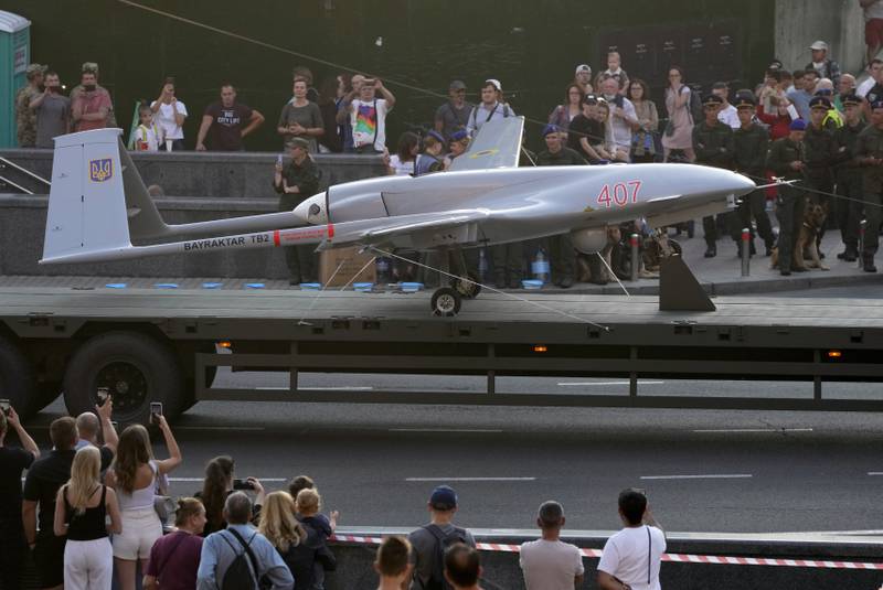 A Turkish-made Bayraktar TB2 drone displayed during a rehearsal of a military parade dedicated to Independence Day in Kyiv, Ukraine, on August 20, 2021.  AP