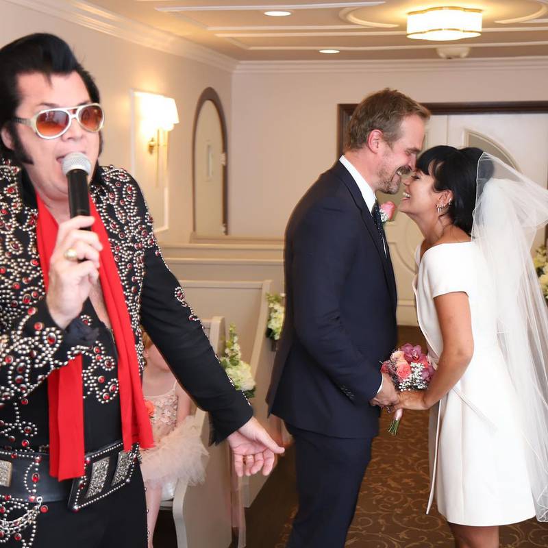 Lily Allen and David Harbour's Las Vegas wedding in September 2020 was officiated by an Elvis Presley impersonator at the Graceland chapel. Photo: Instagram / Lily Allen