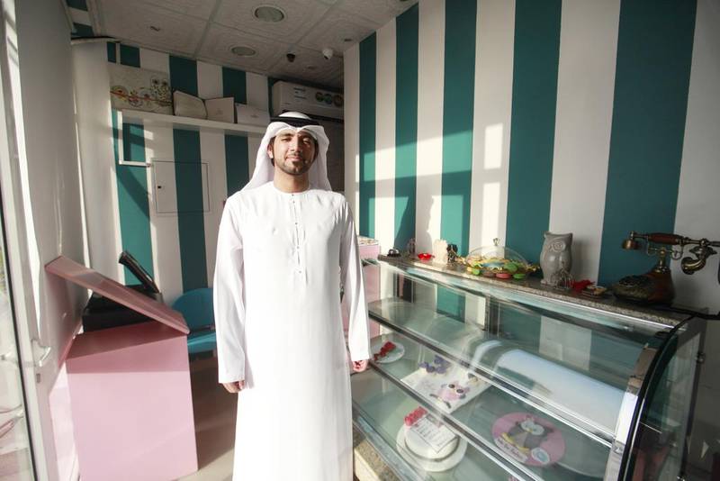 Musabeh Essa Alfardh Alali at his Fashion Sweets Cafe in Umm Al Quwain. Sarah Dea / The National