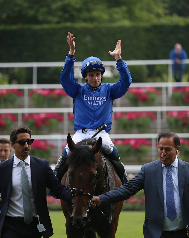 Adayar, ridden by jockey William Buick, after winning the King George VI And Queen Elizabeth Qipco Stakes at Ascot Racecourse on Saturday, July 24, 2021.