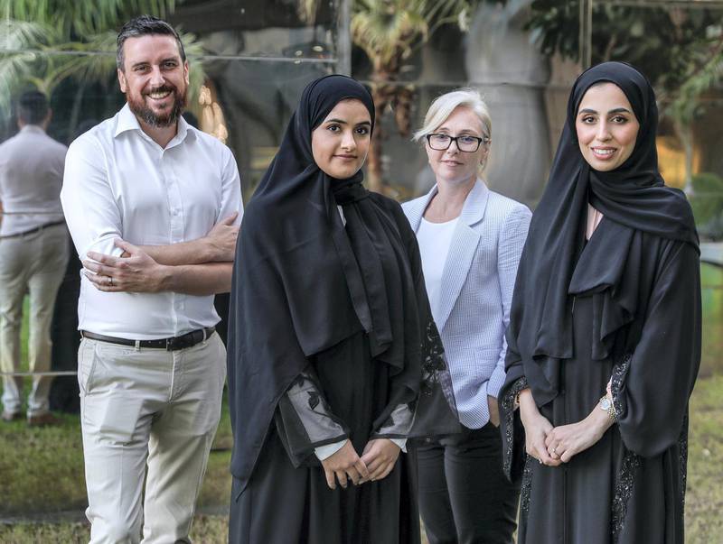 Abu Dhabi, United Arab Emirates, October 20, 2019.  
 Academics who have led a project on spiralling levels of consumerism in the UAE.  --    (L-R)  Damien Arthur, Noora Al Hamelo, Claire Sherman and Slama Al Marzooqi.
Victor Besa/The National
Section:  NA
Reporter: Daniel Sanderson