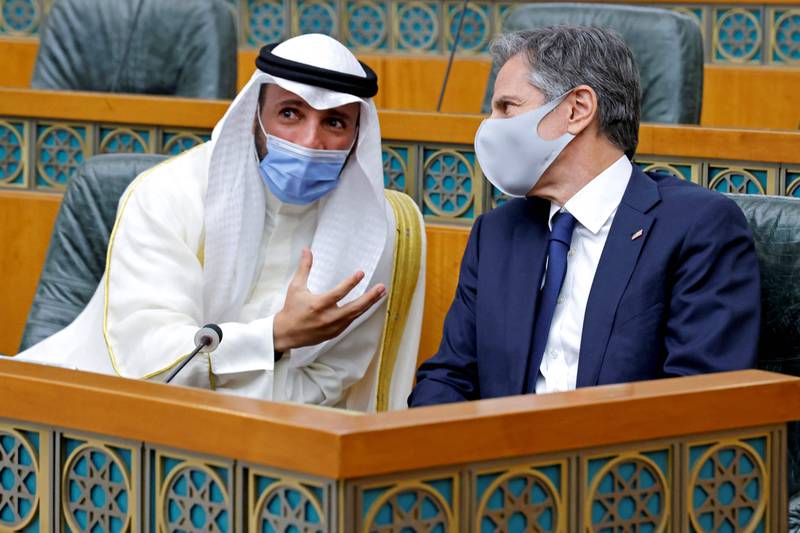 US Secretary of State Antony Blinken tours the Kuwait National Assembly in Kuwait City with Parliament Speaker Marzouq Al Ghanim.