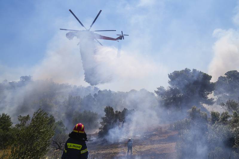 A firefighting helicopter dumps water on Panorama Palinis, in eastern Athens. Nearly 500 firefighters struggled to contain the large wildfire that was edging towards hillside suburbs on Wednesday, after hundreds of residents were evacuated overnight. AP