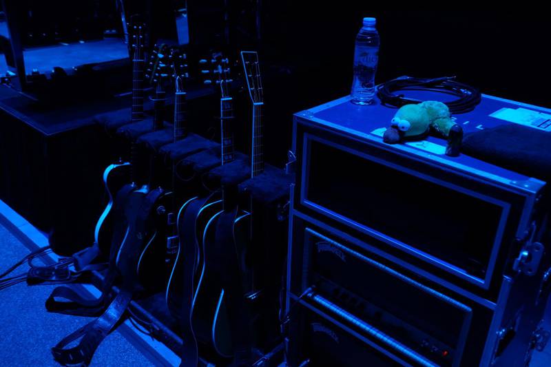 ABU DHABI, UNITED ARAB EMIRATES - - -  Guitars and good luck charms on the the stage in the set-up area prior to the start of the Bon Jovi concert at Du Arena in Abu Dhabi on Thursday, October 1, 2015.   ( DELORES JOHNSON / The National ) **** Reporte is Rob Garrat *** *** Local Caption ***  DJ-011015-AL-Backstage Bon Jovi-011.JPG