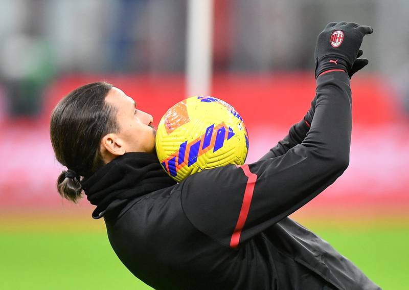 AC Milan's Zlatan Ibrahimovic controls a ball during the warm-up before the Serie A  match between AC Milan and Roma at the San Siro on January 6, 2022. Reuters