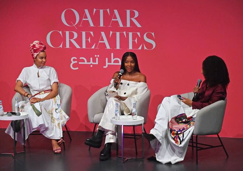 Fashion designer Stella Jean, aka Stella Novarino, Naomi Campbell and writer Afua Hirsch at an Emerge Business Talks panel discussion at The National Museum of Qatar. Getty Images