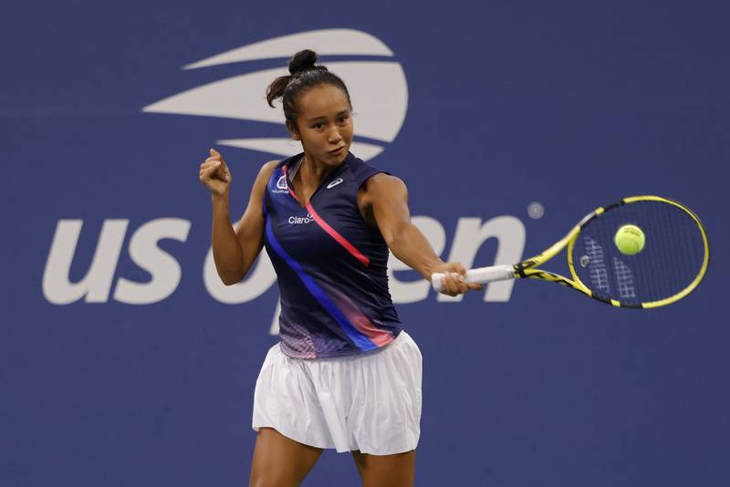 Leylah Fernandez of Canada hits a forehand against Angelique Kerber of Germanyon day seven of the 2021 US Open. Reuters