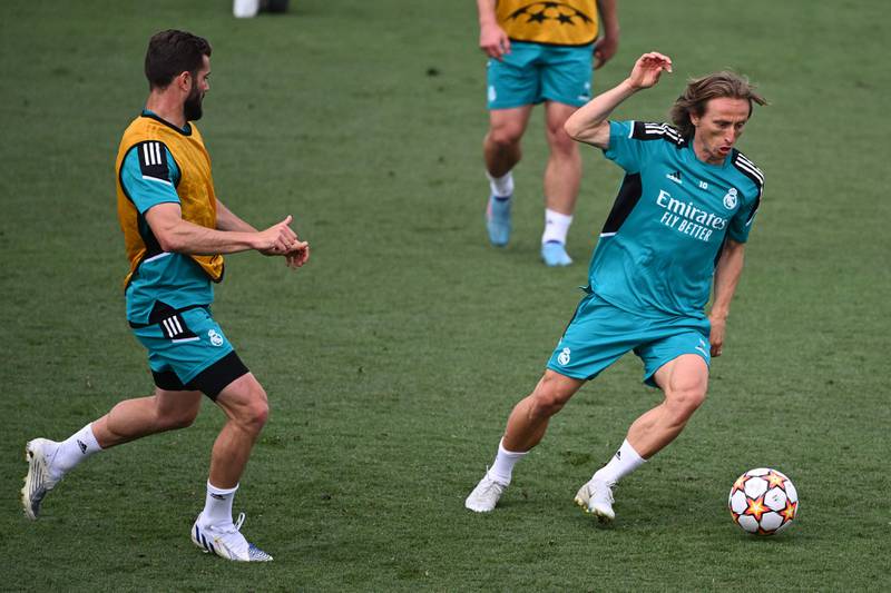 Real Madrid defender Nacho Fernandez, left, and midfielder Luka Modric at a training session for the Champions League final against Liverpool. AFP