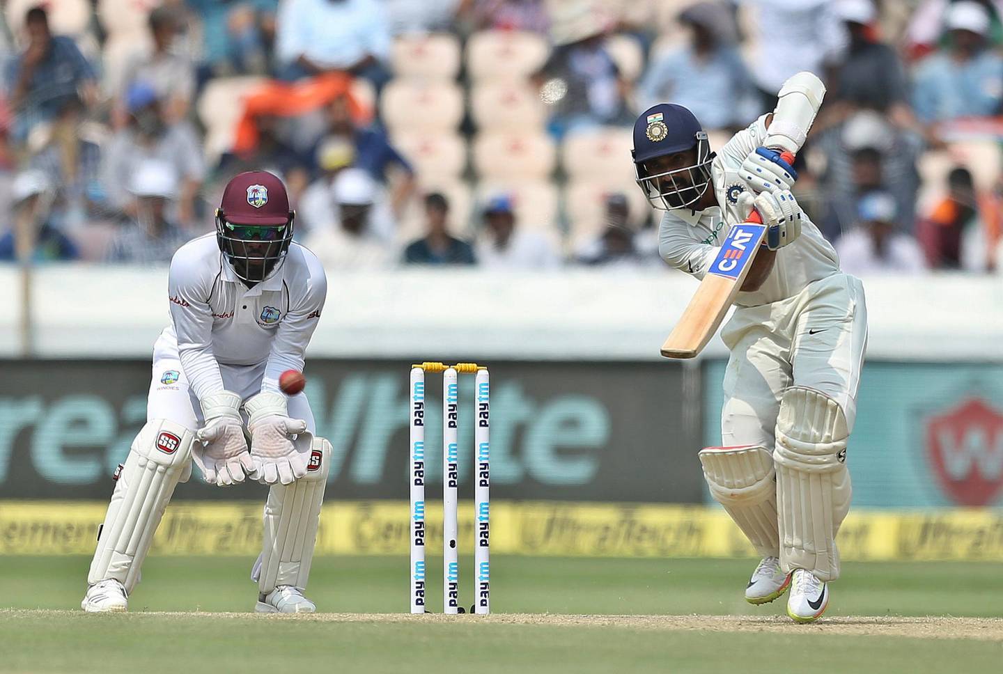 Indian cricketer Ajinkya Rahane bats during the second day of the second cricket test match between India and West Indies in Hyderabad, India, Saturday, Oct. 13, 2018. (AP Photo/Mahesh Kumar A.)