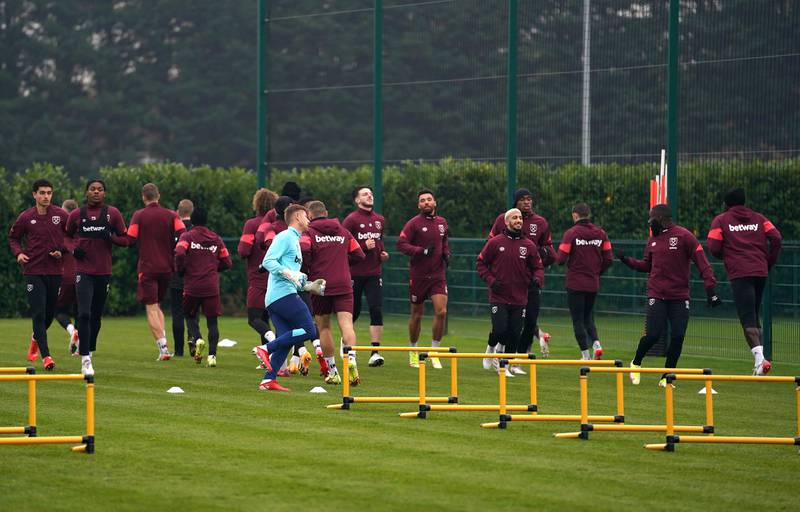 West Ham United players during training. PA