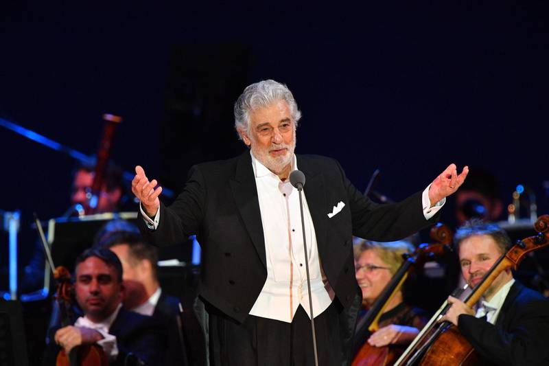 Spanish tenor Placido Domingo performs during his concert in the newly inaugurated sports and culture centre 'St Gellert Forum' in Szeged, southern Hungary, on August 28, 2019.  / AFP / Attila KISBENEDEK
