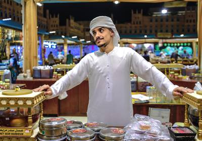 Abu Dhabi, United Arab Emirates, January 5, 2020.  Photo essay of Global Village.--  Ahmed Al Asmoori, 22, Yemen, Has been selling Yemeni Honey for 2 years now.Victor Besa / The NationalSection:  WKReporter:  Katy Gillett