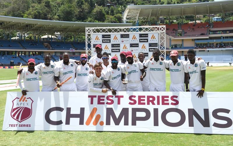 West Indies players celebrate after winning the three-match series 1-0. Getty
