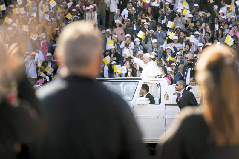 ABU DHABI, UNITED ARAB EMIRATES - FEBRUARY, 5 2019.Pope Francis celebrates Mass at Zayed Sports City.(Photo by Reem Mohammed/The National)Reporter: Section:  NA