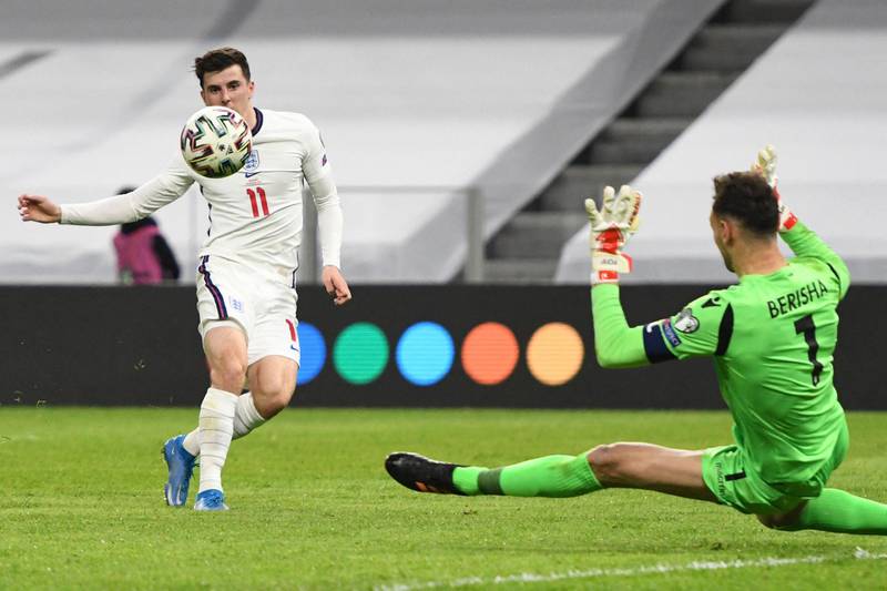 England's midfielder Mason Mount scores during the 2022 World Cup qualifier against Albania at the Air Albania Stadium in Tirana on Sunday, March 28. AFP