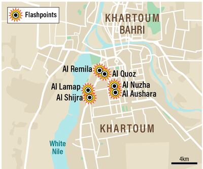 This map shows the residential neighbourhoods that surround the Armoured Corps headquarters in south Khartoum, where the army and the paramilitary Rapid Support Forces have been locked in a fierce battle since Sunday. The National.