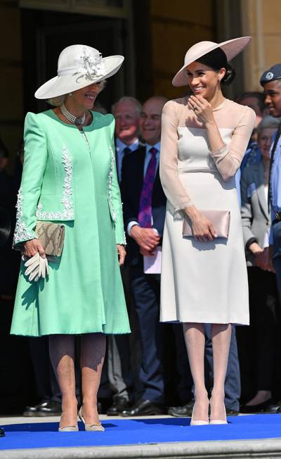 LONDON, ENGLAND - MAY 22:  Camilla, Duchess of Cornwall and Meghan, Duchess of Sussex attend The Prince of Wales' 70th Birthday Patronage Celebration held at Buckingham Palace on May 22, 2018 in London, England.  (Photo by Dominic Lipinski - Pool/Getty Images)