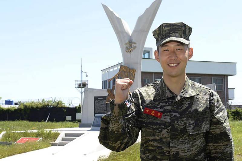 Son Heung-min poses at a Marine Corps boot camp in Seogwipo on Jeju Island, South Korea.
