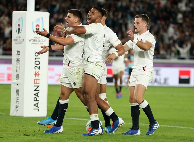 YOKOHAMA, JAPAN - OCTOBER 26:  Ben Youngs  of England celebrates with team mates after scoring a try, but was later disallowed during the Rugby World Cup 2019 Semi-Final match between England and New Zealand at International Stadium Yokohama on October 26, 2019 in Yokohama, Kanagawa, Japan. (Photo by David Rogers/Getty Images)