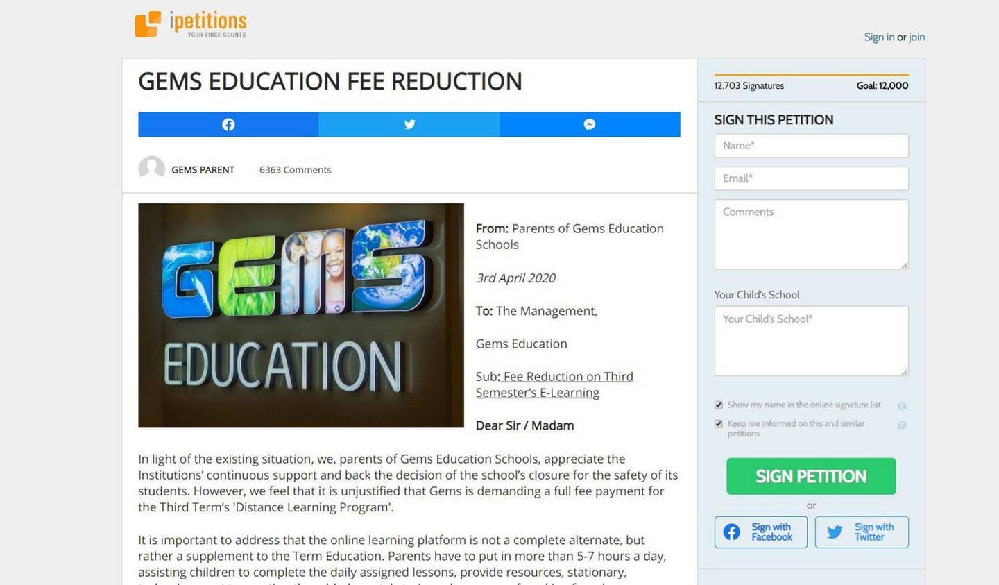 More than 12,000 parents have signed an online plea asking Gems Education to reduce fees by 30 per cent. Courtesy - ipetition.com